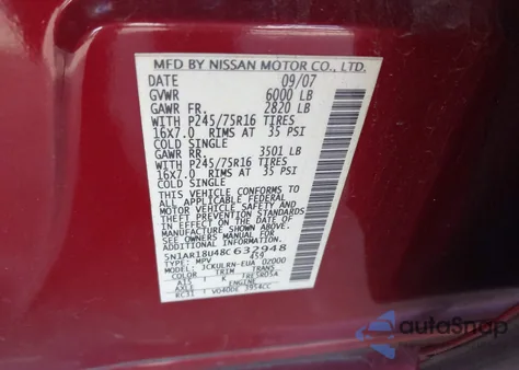 2008 Nissan Pathfinder S z USA, uszkodzony, nr VIN 5N1AR18U48C632948